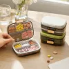 The transparent compartmented medicine box features multi-color tablets and a white and green double-lid box of the same style details Picture